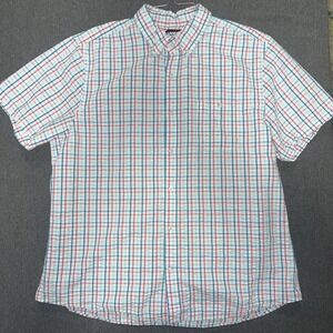 Lands' End Short Sleeve Shirt Men's XL Plaid Pink Blue White Small Stain Flaw